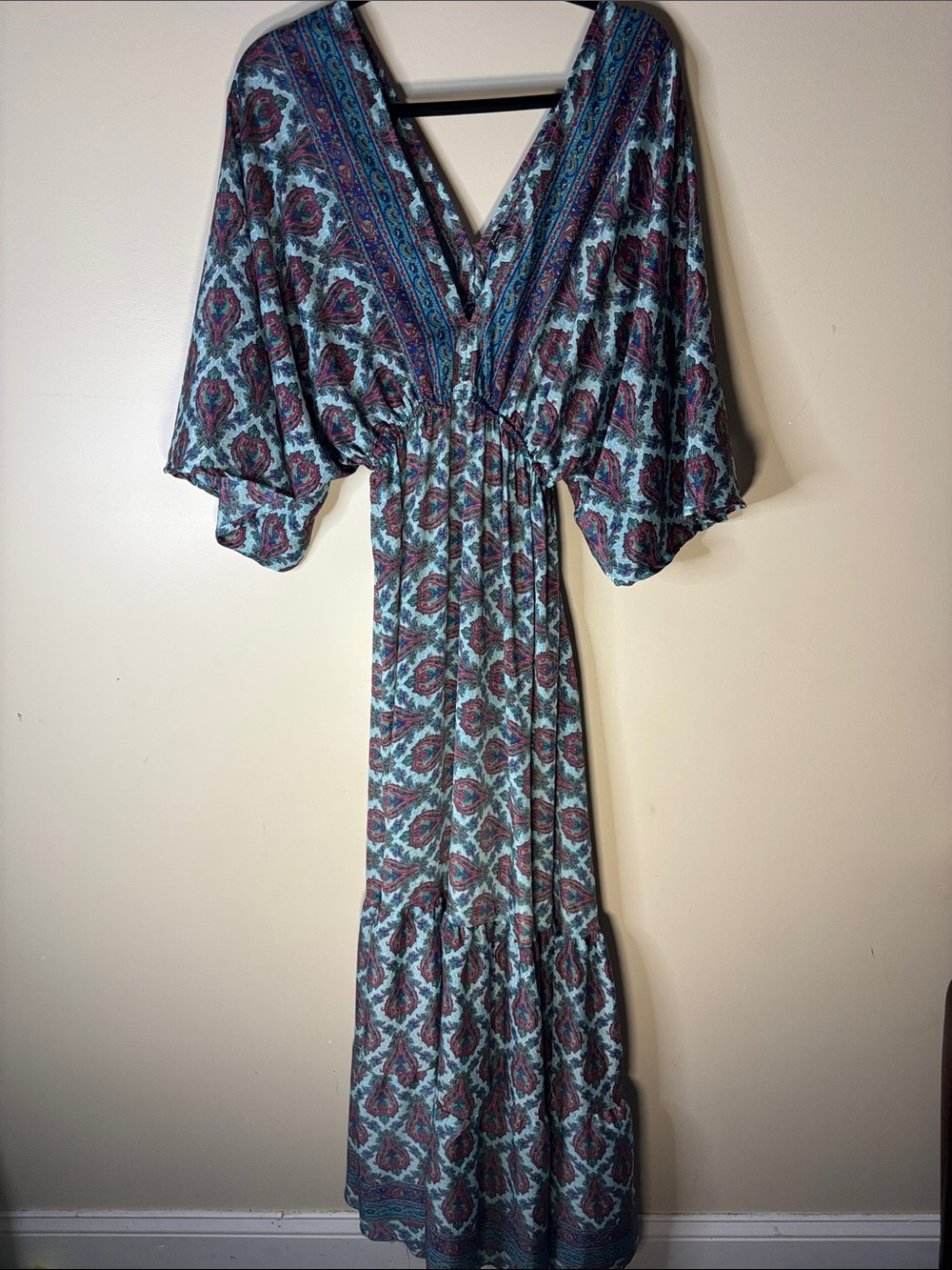 Boho V-Neck Maxi Dress in Teal and Burgundy